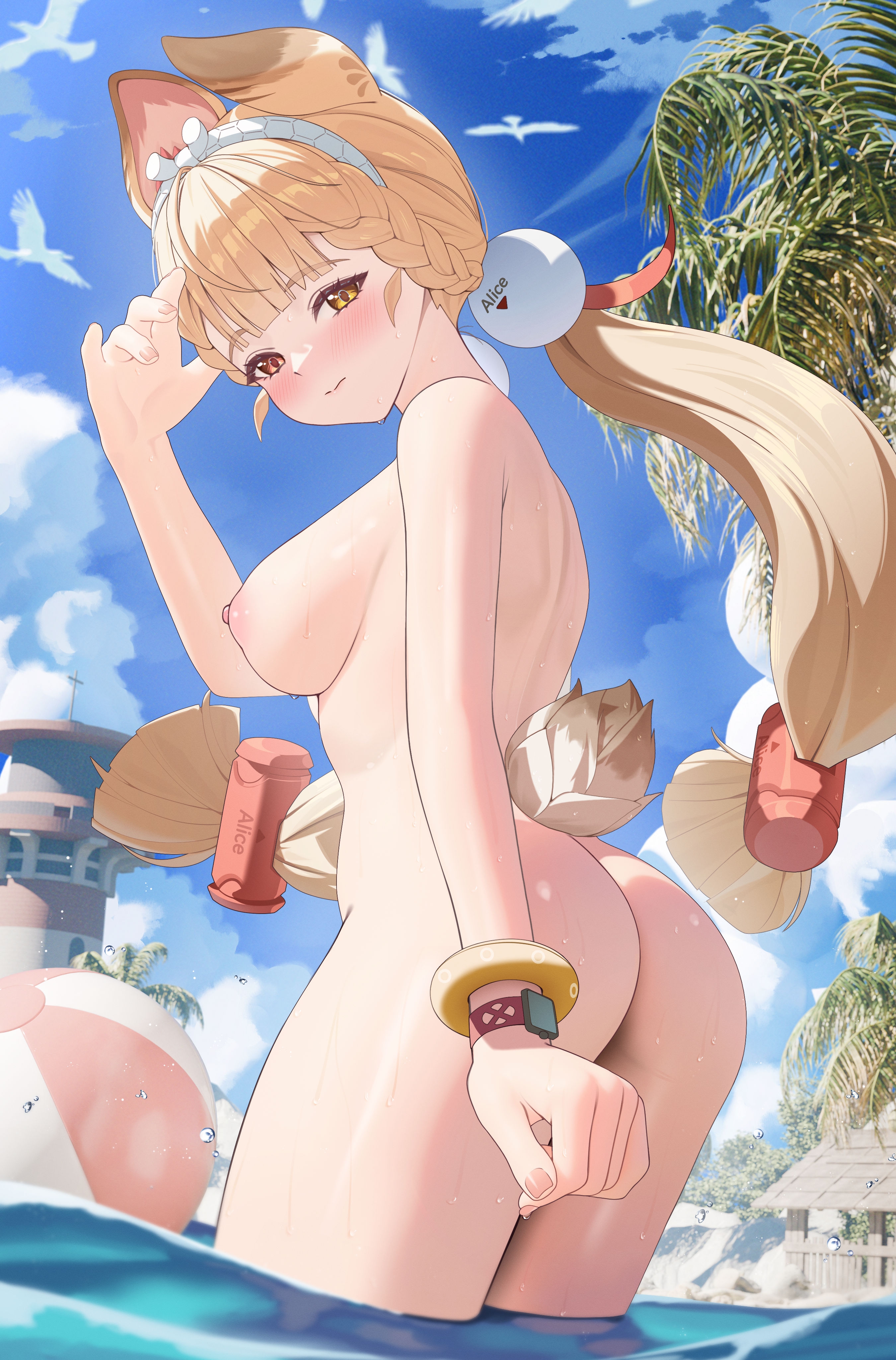jumonji, alice thymefield, zenless zone zero, absurdres, commentary request, highres, paid reward available, partial commentary, 1girl, animal ears, ass, ball, beachball, blonde hair, blue sky, blush, bracelet, braid, breasts, closed mouth, completely nude, day, fingernails, from side, hair ornament, hairband, hand up, heterochromia, jewelry, lighthouse, long hair, looking at viewer, looking to the side, medium breasts, nipples, nude, outdoors, rabbit ears, rabbit girl, rabbit tail, red eyes, shoulder blades, sky, solo, sphere hair ornament, tail, very long hair, wading, wet, white hairband, yellow eyes