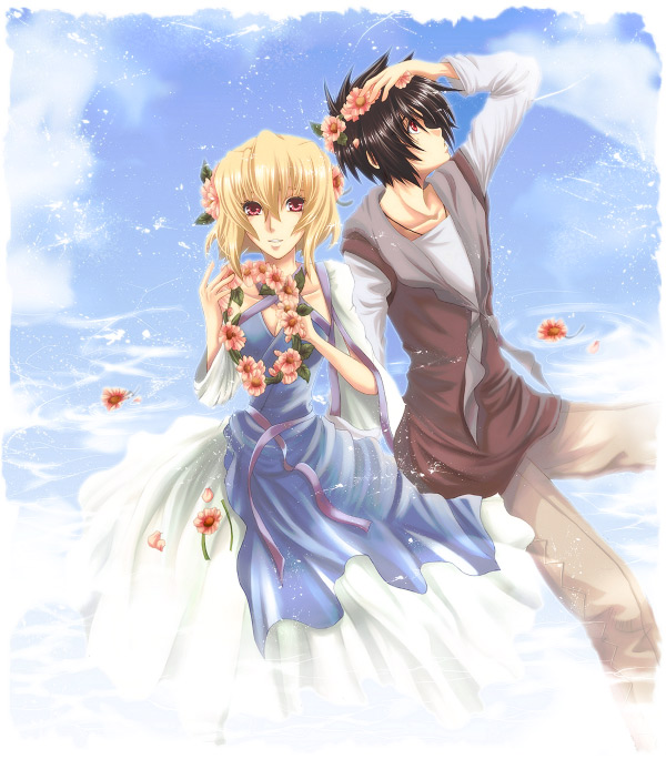 yuzucoma, shinn asuka, stellar loussier, gundam, gundam seed, gundam seed destiny, bad id, bad pixiv id, 00s, blonde hair, dress, flower, purple eyes