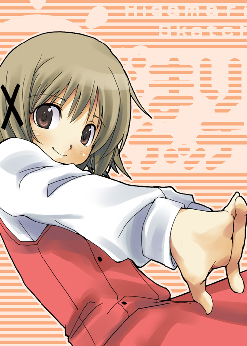 noni, yuno (hidamari sketch), hidamari sketch, 00s, 1girl, blush, brown eyes, brown hair, female focus, hair ornament, hairclip, looking at viewer, school uniform, short hair, skirt, smile, solo, yamabuki high school uniform