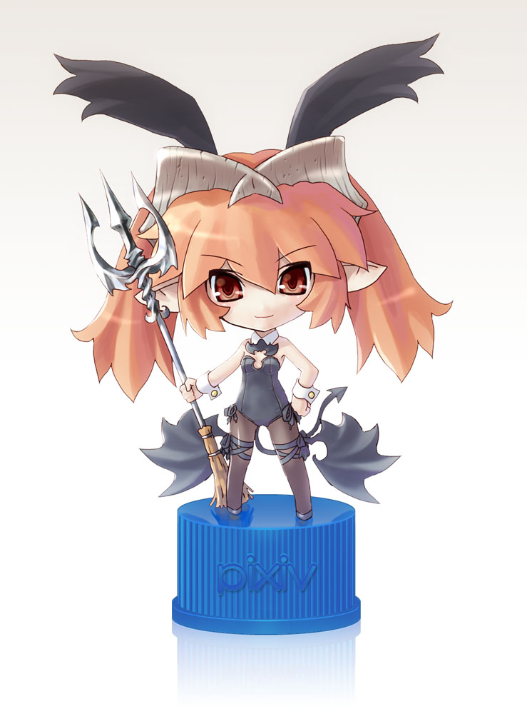 katahira masashi, original, animal ears, chibi, fake animal ears, full body, horns, leotard, pantyhose, pixiv bottlecap, playboy bunny, pointy ears, polearm, rabbit ears, solo, spear, tail, trident, weapon