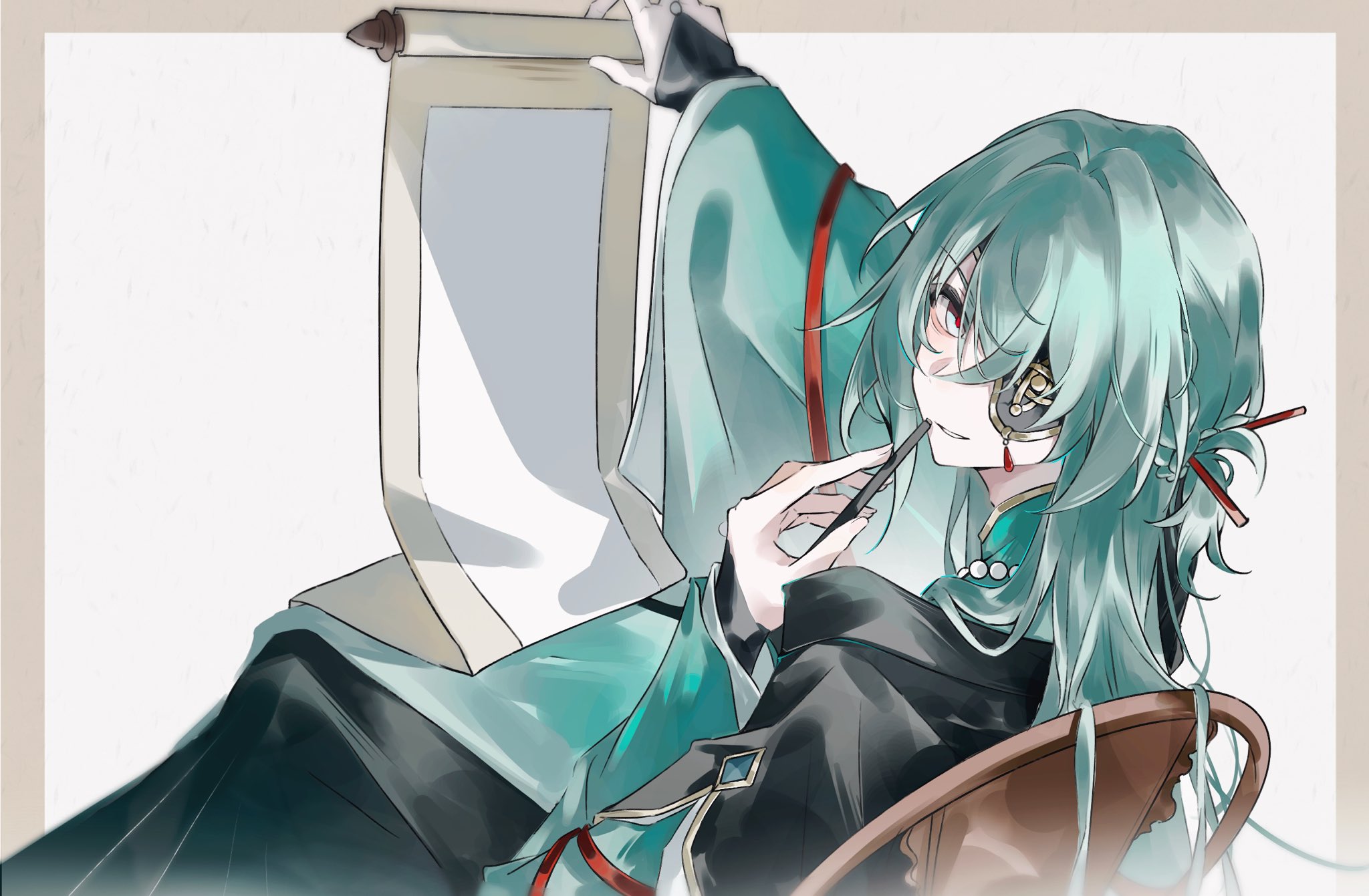 anaxa (honkai: star rail), honkai: star rail, honkai (series), highres, 1boy, alternate costume, aqua hair, black bridal gauntlets, blue eyes, bridal gauntlets, chair, eyepatch, gem, grin, hair between eyes, hair intakes, holding, japanese clothes, long hair, looking at viewer, male focus, on chair, one eye covered, pink pupils, red gemstone, sitting, smile, solo, teeth, thorn72132528