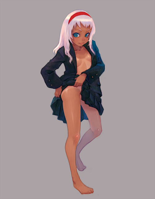 weno, original, 1girl, blue eyes, dark-skinned female, dark skin, female focus, hairband, no bra, no panties, one-piece tan, open clothes, open shirt, shirt, simple background, solo, tan, tanline, white hair