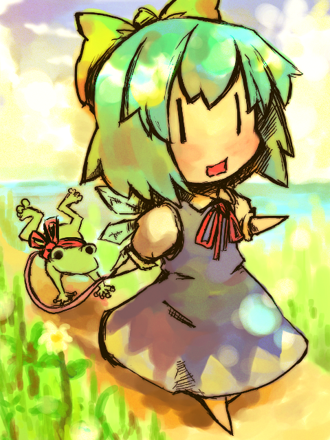 luft (luft dokka), cirno, touhou, 1girl, chibi, dress, female focus, frog, full body, leash, nature, outdoors, plant, sky, solo