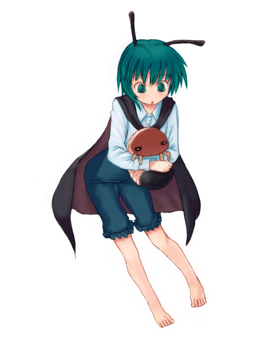 7c, wriggle nightbug, touhou, 1girl, :o, antennae, barefoot, blush, cape, female focus, full body, green eyes, green hair, holding, long sleeves, matching hair/eyes, open mouth, pants, parted lips, shirt, simple background, solo, toes, white background, white shirt