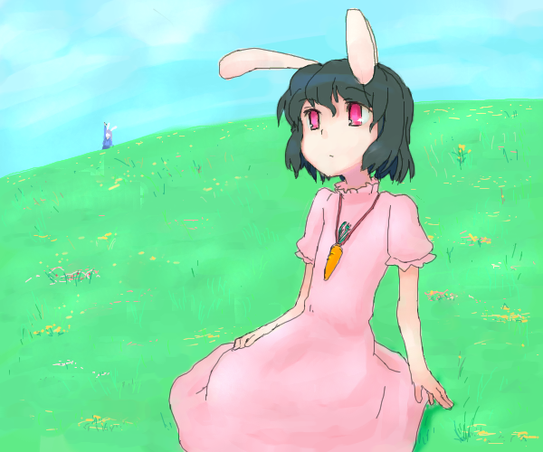 7c, inaba tewi, reisen udongein inaba, touhou, 1girl, animal ears, black hair, blush, carrot necklace, collar, day, female focus, field, full body, grass, kneeling, looking afar, necklace, outdoors, plant, puffy short sleeves, puffy sleeves, rabbit ears, red eyes, short hair, short sleeves, solo