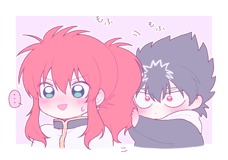 morishi (bearxforest), hiei (yu yu hakusho), kurama (yu yu hakusho), yuu yuu hakusho, translation request, …, 2boys, alternate hairstyle, black hair, black robe, blue eyes, blush, chibi, chibi only, cropped torso, hands up, holding another's hair, implied yaoi, long hair, male focus, multicolored hair, multiple boys, nose blush, open mouth, outline, ponytail, purple background, red eyes, red hair, robe, scarf, serious, sidelocks, smile, spiked hair, sweatdrop, upper body, white outline, white scarf, white streaks