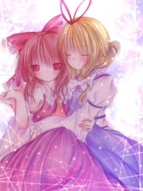 kasuga sunao, hakurei reimu, yakumo yukari, touhou, 2girls, female focus, hug, multiple girls