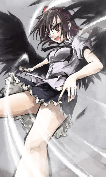 izana, izana minagi, shameimaru aya, touhou, looking away, 1girl, action, black wings, brown hair, card, feathers, female focus, foreshortening, grin, holding, holding card, perspective, shirt, short hair, skirt, smile, solo, spell card, wings