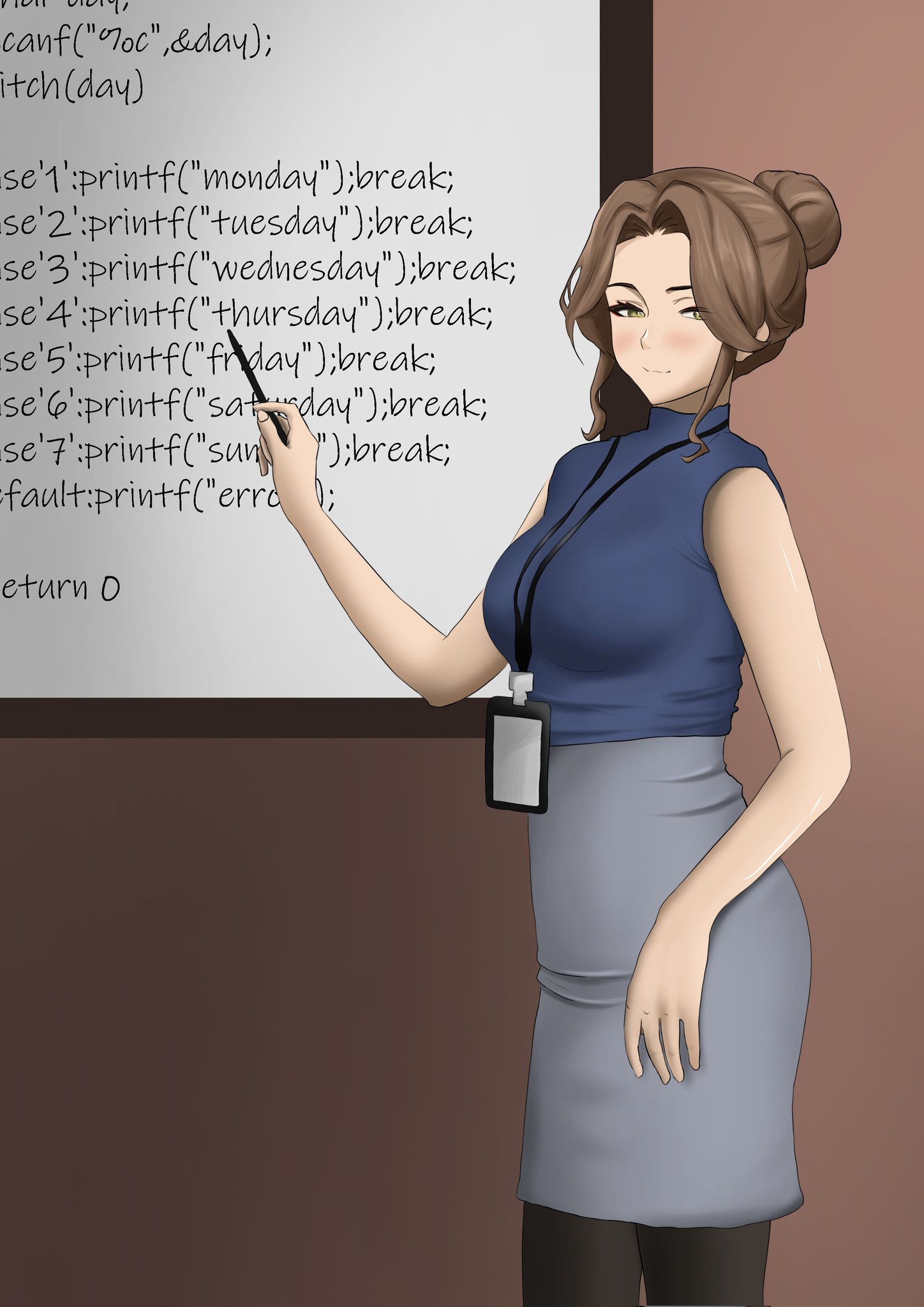 original, chinese commentary, commentary, highres, 1girl, black pantyhose, blue shirt, blush, breasts, brown eyes, brown hair, closed mouth, drawing board, feet out of frame, grey skirt, hair bun, holding, holding marker, id card, long hair, looking at viewer, marker, mature female, medium breasts, office lady, pantyhose, pencil skirt, programming (topic), shirt, sidelocks, simple background, skirt, smile, solo, standing, strapless, strapless shirt, wryyyyy (pixiv 88189348)
