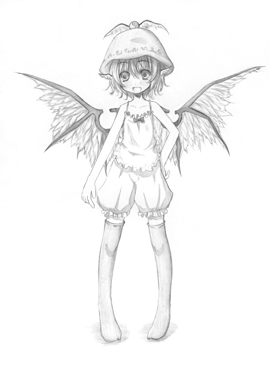 kurona, mystia lorelei, touhou, 1girl, bloomers, female focus, full body, greyscale, hat, monochrome, solo, underwear, white background