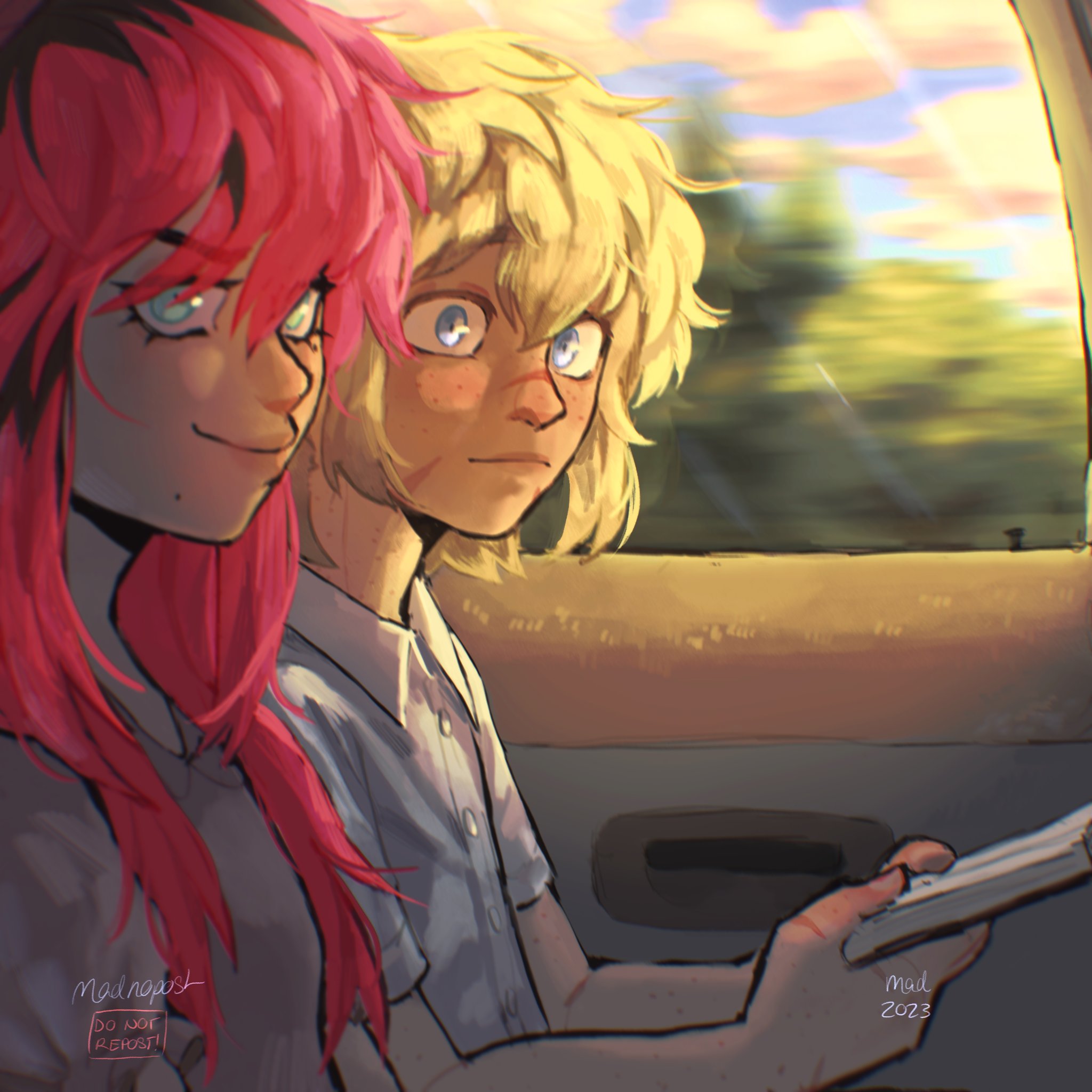 madnopost, aubrey (faraway) (omori), aubrey (omori), basil (faraway) (omori), basil (omori), omori, highres, 1boy, 1girl, 2023, alternate costume, artist name, black hair, blonde hair, blue eyes, book, car interior, closed mouth, collared shirt, day, double-parted bangs, facial scar, freckles, holding, holding book, mole, mole under eye, mole under mouth, multicolored hair, pink hair, scar, scar on cheek, scar on face, scar on hand, scar on nose, shirt, short hair, short sleeves, white shirt