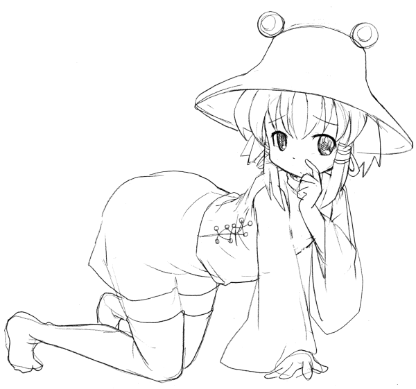 michii yuuki, moriya suwako, touhou, 1girl, female focus, full body, greyscale, hat, monochrome, skirt, solo, thighhighs, white background