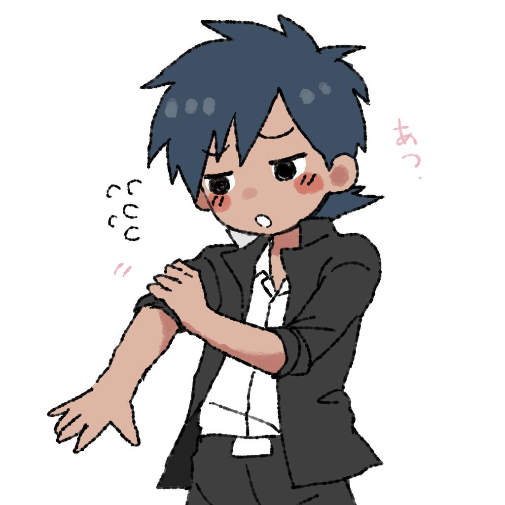 kimura b, original, bad id, bad twitter id, 1boy, black eyes, black hair, black pants, blush, collared shirt, dark-skinned male, dark skin, flying sweatdrops, frown, gakuran, male focus, pants, rolling sleeves up, school uniform, shirt, short hair, simple background, sleeves rolled up, solo, tan, upper body, white shirt