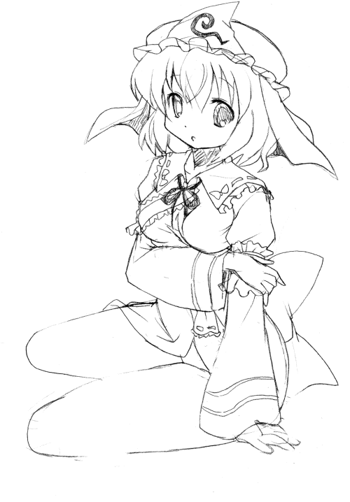 michii yuuki, saigyouji yuyuko, touhou, 1girl, breasts, dress, female focus, full body, greyscale, hat, monochrome, sketch, solo, white background