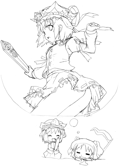 michii yuuki, onozuka komachi, shiki eiki, touhou, 2girls, ass, chibi, closed eyes, dreaming, female focus, greyscale, hair bobbles, hair ornament, hat, looking back, monochrome, multiple girls, open mouth, ribbon, rod of remorse, saliva, scythe, short hair, short twintails, sketch, skirt, sleeping, smile, twintails, two side up