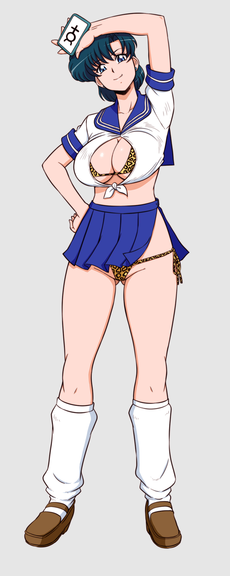 lento (glamour works), mizuno ami, bishoujo senshi sailor moon, highres, animal print, blue eyes, blue hair, blue sailor collar, blue skirt, breasts, cleavage, collarbone, corruption, dark persona, earrings, gluteal fold, gyaru, jewelry, juuban middle school uniform, large breasts, leopard print, loafers, loose socks, medium hair, mercury symbol, midriff, parted bangs, pleated skirt, sailor collar, school uniform, serafuku, shirt, shoes, short hair, side slit, skirt, smile, socks, stud earrings, tied shirt