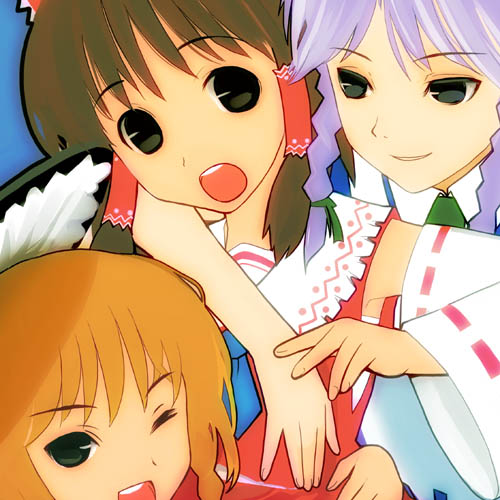 takashima, hakurei reimu, izayoi sakuya, kirisame marisa, touhou, silver hair, lowres, 3girls, :o, ;d, blonde hair, blush, bow, braid, collar, detached sleeves, female focus, hair bow, hair tubes, hat, hug, long sleeves, looking at viewer, multiple girls, one eye closed, open mouth, red bow, round teeth, sidelocks, smile, teeth, twin braids, upper body, witch hat, yuri