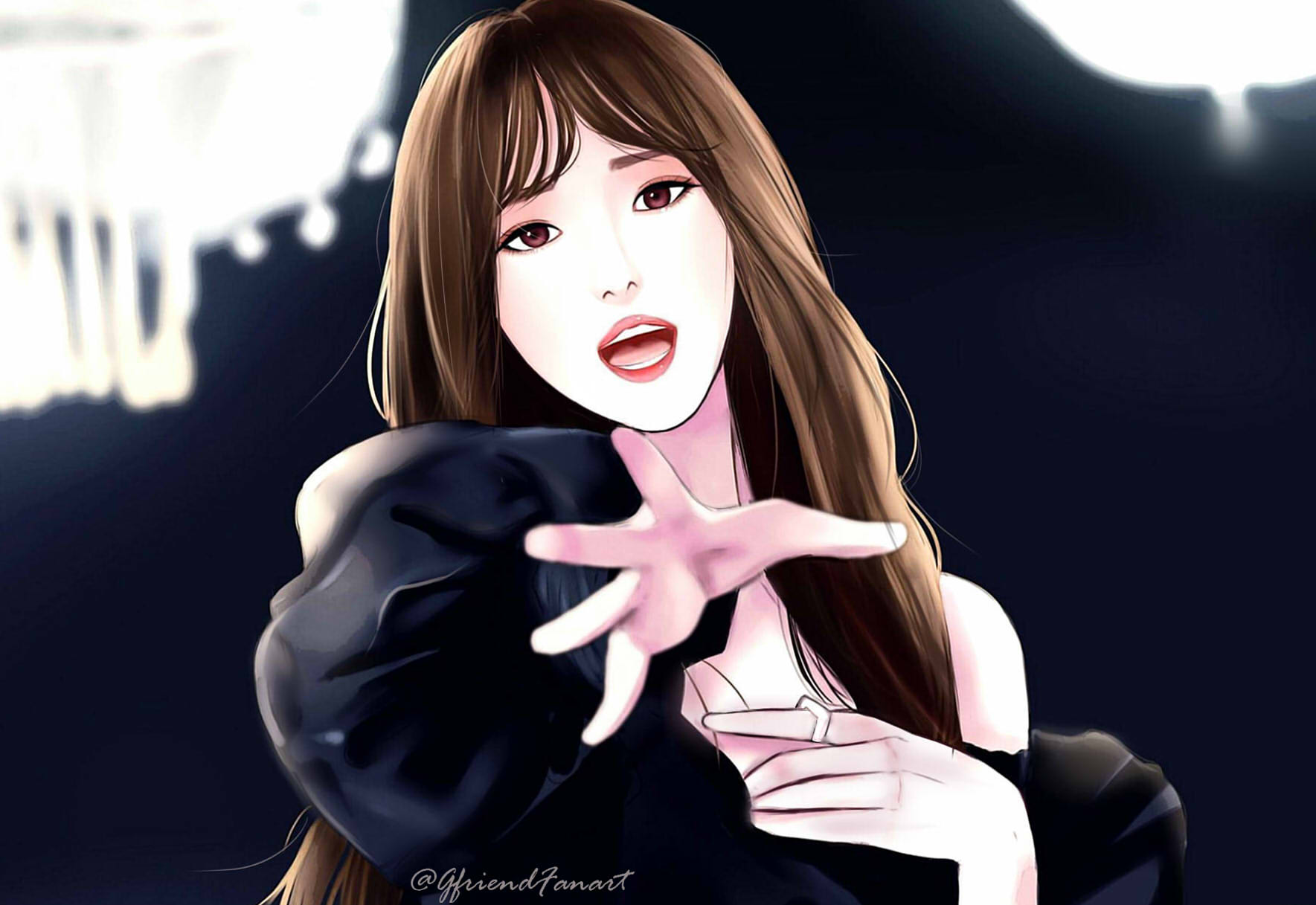 gfriendfanart, yuju (gfriend), gfriend, real life, commentary, english commentary, highres, 1girl, black eyeliner, blurry, blurry background, brown eyes, brown hair, chandelier, eyeliner, jewelry, k-pop, long hair, looking at viewer, makeup, reaching, reaching towards viewer, red lips, ring, solo, twitter username, upper body