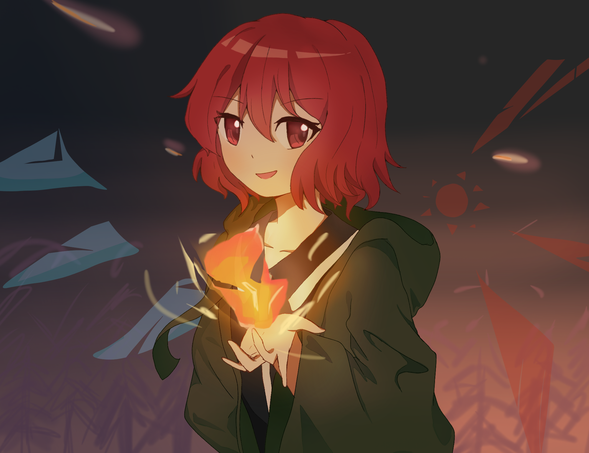 pahelysium, shitodo hooaka, len'en, highres, 1other, androgynous, anime coloring, asymmetrical wings, black shirt, blue wings, cloud, cloudy sky, collarbone, collared shirt, crystal wings, detached wings, dot nose, embers, eyelashes, fire, forest, green jacket, hair between eyes, happy, hood, hood down, hooded jacket, jacket, light blush, long sleeves, looking at viewer, mismatched wings, nature, open clothes, open jacket, open mouth, other focus, outdoors, pyrokinesis, red eyes, red hair, red wings, shirt, short hair, sky, smile, solo, sun symbol, sunset, upper body, wide sleeves, wings, zipper