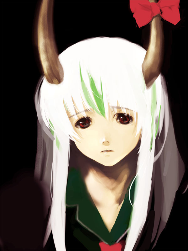 takashima, ex-keine, kamishirasawa keine, touhou, 1girl, black background, female focus, horn ornament, horn ribbon, horns, ribbon, solo