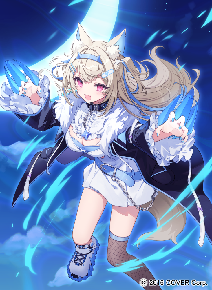 chatsubaki, fuwawa abyssgard, fuwawa abyssgard (1st costume), hololive, hololive english, commentary request, official art, 1girl, :d, animal collar, animal ears, bandaid, bandaid hair ornament, belt, bib collar, black collar, black jacket, blonde hair, blue belt, blue hair, blue hairband, breasts, brown thighhighs, center frills, claw (weapon), claw pose, collar, colored shoe soles, copyright notice, crescent moon, crossed bangs, detached collar, dog ears, dog girl, dog tail, double-parted bangs, dress, fang, fishnet thighhighs, fishnets, frilled shirt collar, frilled sleeves, frills, fur-trimmed jacket, fur trim, hair between eyes, hair ornament, hairband, hairclip, hands up, horn hairband, jacket, large breasts, long hair, looking at viewer, midair, moon, multicolored hair, night, open mouth, outdoors, over-kneehighs, parallel hairclips, pink eyes, shoes, short dress, single over-kneehigh, single thighhigh, skin fang, smile, sneakers, solo, spiked collar, spikes, streaked hair, tail, thighhighs, two side up, virtual youtuber, weapon, white dress, white shoes