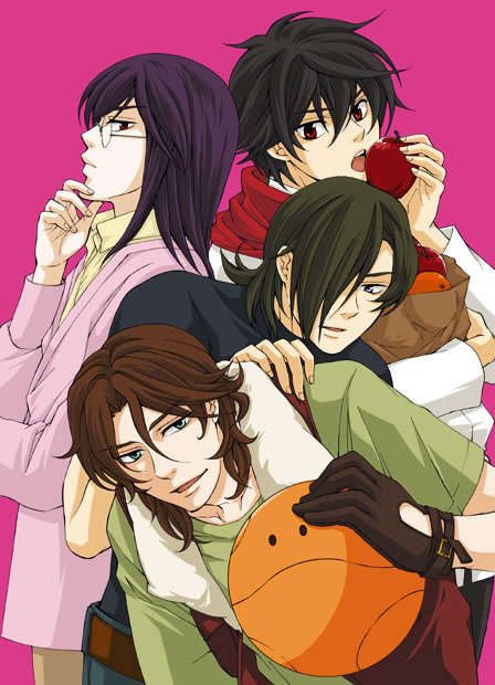 allelujah haptism, haro, lockon stratos, setsuna f. seiei, tieria erde, gundam, gundam 00, 00s, 4boys, :o, androgynous, ball, black hair, brown hair, creature, glasses, hair over one eye, light smile, long sleeves, looking at viewer, looking back, male focus, multiple boys, open mouth, pink background, profile, purple hair, simple background, smiley face