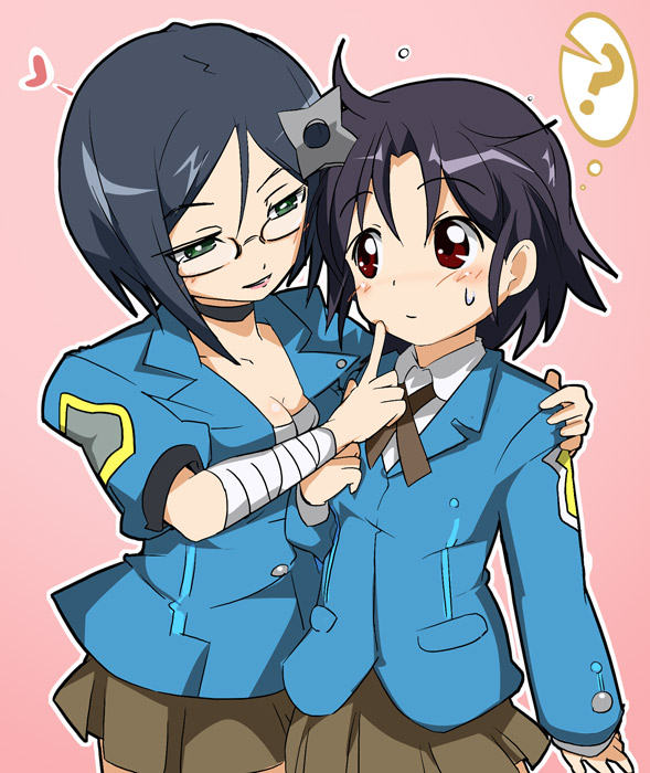 ixy, piku gaku, pixiv gakuen, 2girls, ?, blush, breasts, cleavage, glasses, hair ornament, heart, multiple girls, police, police uniform, policewoman, school uniform, shuriken, sweat, weapon, yuri