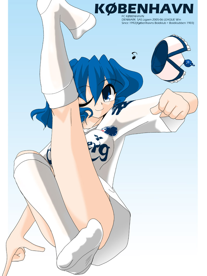 kieyza, merlin prismriver, fc cophenhagen, touhou, 1girl, clothes writing, female focus, one eye closed, soccer, solo, wink
