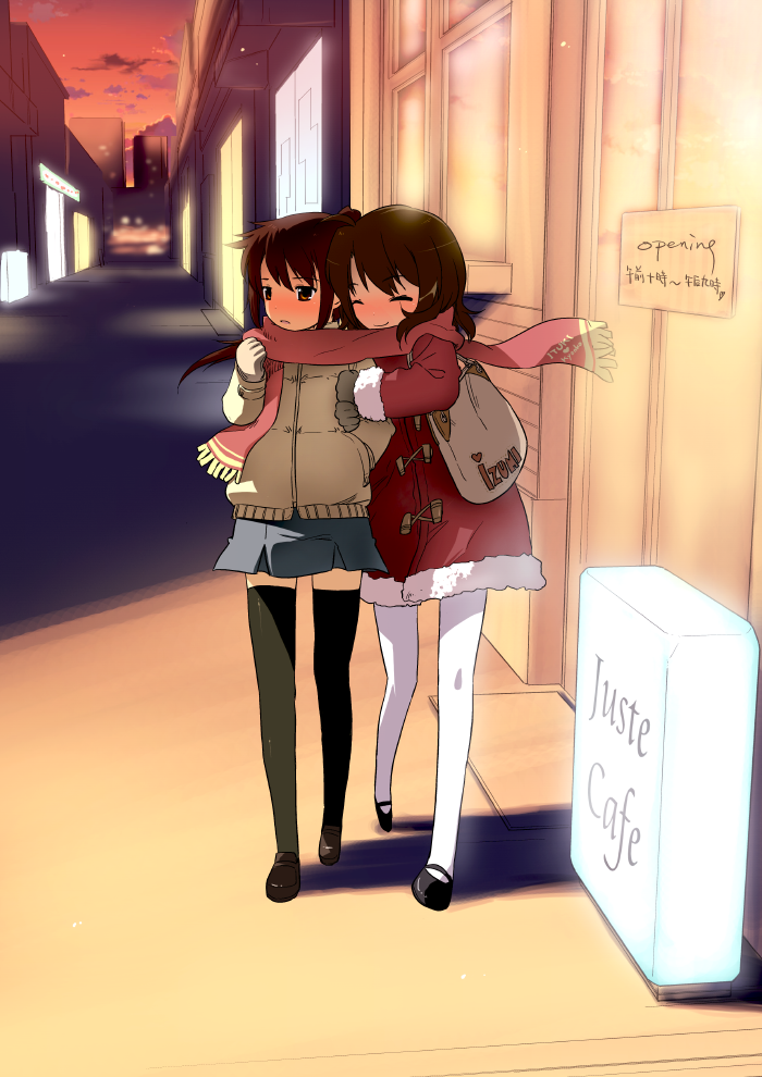 miharu (cgsky), koizumi itsuki, koizumi itsuki (female), kyon, kyonko, suzumiya haruhi no yuuutsu, black legwear, 00s, 2girls, alley, blush, brown hair, closed eyes, coat, dusk, genderswap, genderswap (mtf), legs, mixed-language text, multiple girls, pantyhose, ponytail, road, scarf, shared clothes, shared scarf, skirt, smile, street, thighhighs, vanishing point, walking, white pantyhose, winter clothes, yuri, zettai ryouiki