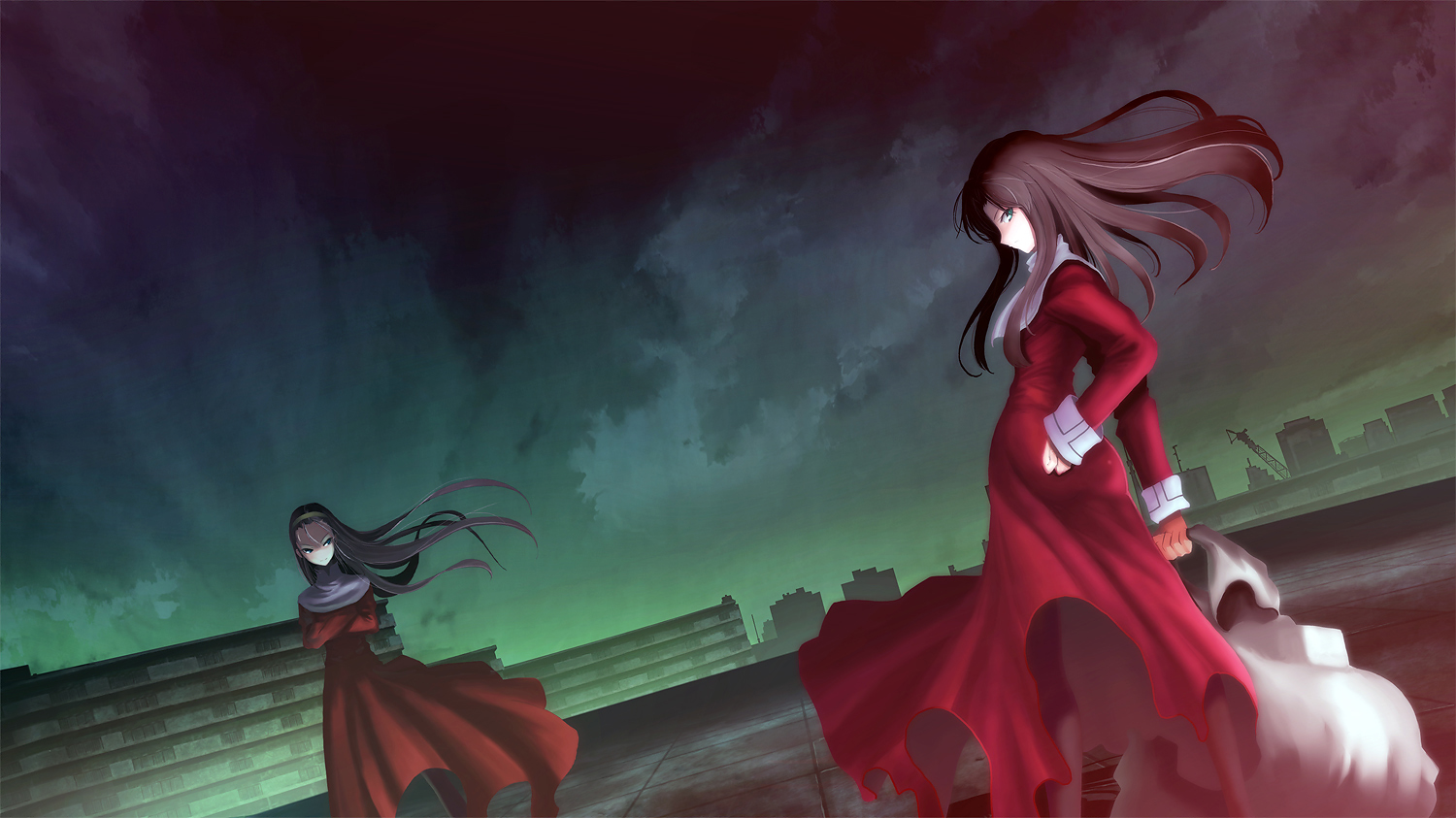 ghoul (artist), sodeya itsuki, kokutou azaka, ouji misaya, kara no kyoukai, bad id, bad pixiv id, 2girls, bag, black hair, building, christmas, cloud, dress, green eyes, green sky, headband, long hair, multiple girls, neckerchief, night, nun, outdoors, reien girl's academy school uniform, school uniform, sky, white neckerchief, wind