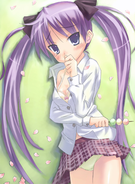 saeki nao, hiiragi kagami, lucky star, 00s, 1girl, bra, breasts, cleavage, dango, female focus, food, lingerie, medium breasts, open clothes, open shirt, panties, shirt, solo, underwear, wagashi, wind, wind lift