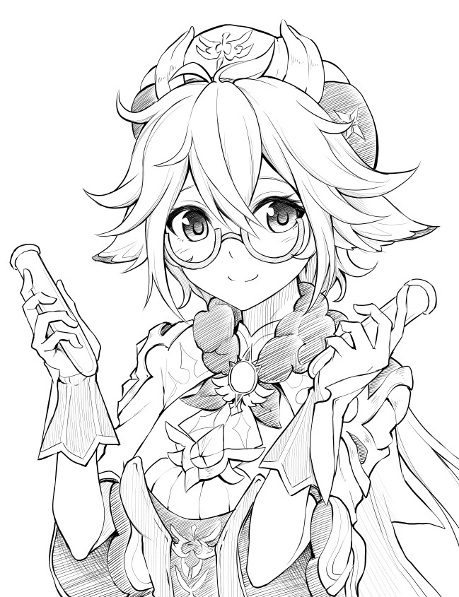 ten (tenchan man), sucrose (genshin impact), genshin impact, 1girl, animal ears, dress, glasses, gloves, holding, holding vial, looking at viewer, monochrome, semi-rimless eyewear, simple background, smile, solo, upper body, vial, vision (genshin impact)
