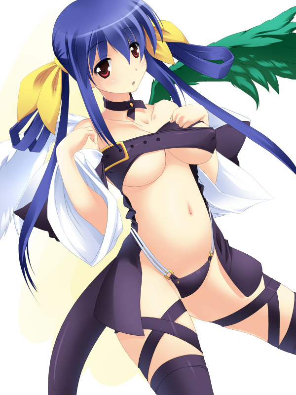 dizzy (guilty gear), arc system works, guilty gear, 1girl, asymmetrical wings, blue hair, bow, breasts, choker, female focus, hair bow, large breasts, red eyes, ribbon, solo, tail, thighhighs, twintails, underboob, wings