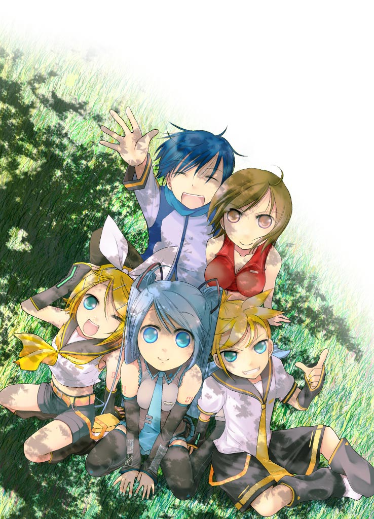 otogiri (lambda), hatsune miku, kagamine len, kagamine rin, kaito (vocaloid), meiko (vocaloid), vocaloid, 2boys, 3girls, aqua hair, brother and sister, detached sleeves, multiple boys, multiple girls, necktie, siblings, thighhighs, twins, twintails