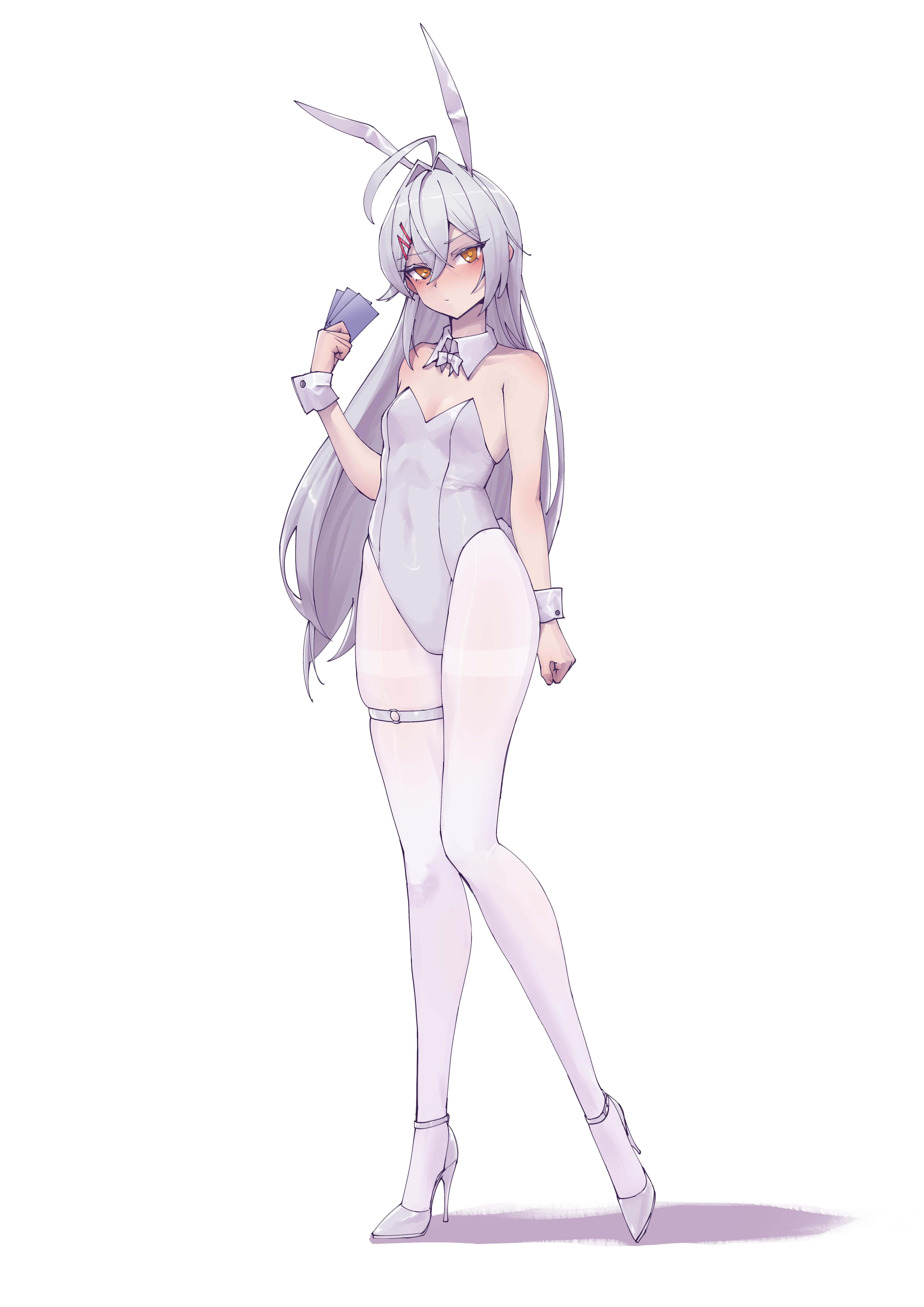 stank, original, absurdres, highres, 1girl, ahoge, animal ears, bare shoulders, blush, bow, bowtie, breasts, card, collar, covered navel, d'orsay heels, hair ribbon, high heels, holding, holding card, leotard, long hair, looking at viewer, nose blush, pantyhose, playboy bunny, rabbit ears, ribbon, shoes, small breasts, standing, strappy heels, thigh strap, thighband pantyhose, very long hair, white background, white bow, white bowtie, white collar, white hair, white leotard, white pantyhose, white shoes, white wrist cuffs, wrist cuffs, yellow eyes