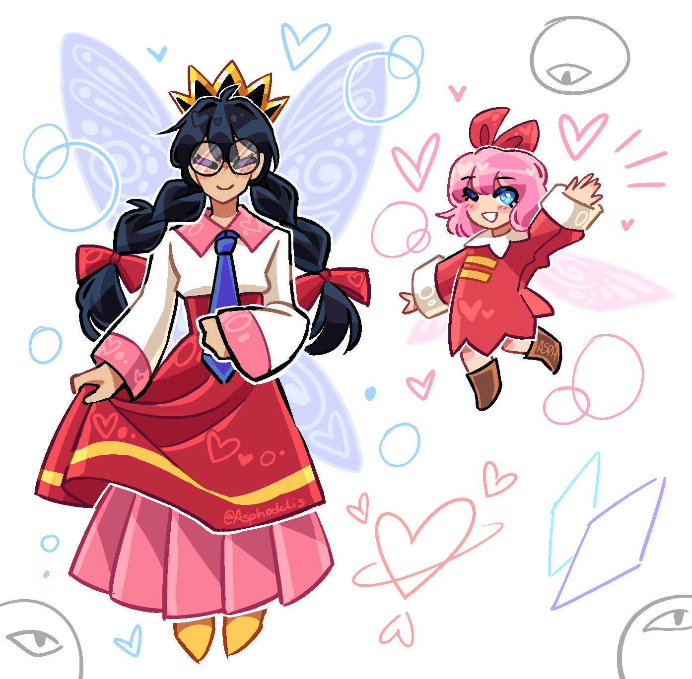 asphodelis, ribbon (kirby), ripple star queen, kirby (series), kirby 64, nintendo, highres, 2girls, artist name, black hair, blue eyes, bow, braid, closed eyes, crown, dark matter trio, fairy, fairy wings, hair bow, long hair, long skirt, low twin braids, multiple girls, one eye closed, pink hair, pink skirt, red bow, skirt, smile, twin braids, wings