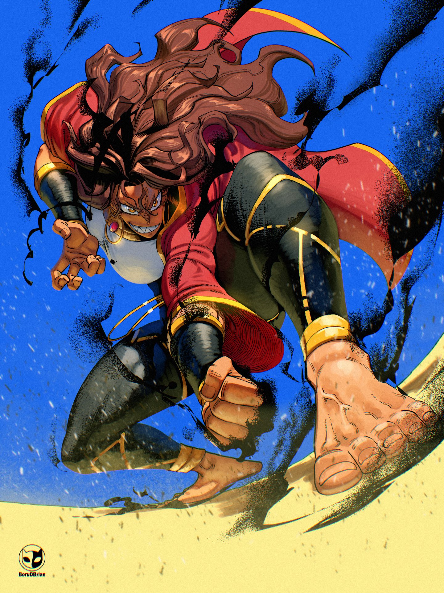 borudbrian, original, commentary, english commentary, highres, 1girl, aura, barefoot, black pants, blue sky, breasts, brown hair, clenched hand, dark-skinned female, dark aura, dark skin, earrings, fighting stance, floating clothes, foreshortening, gold trim, grin, hoop earrings, jacket, jewelry, large breasts, long hair, long sleeves, looking at viewer, outdoors, outstretched arm, pants, red jacket, sharp teeth, shirt, sky, smile, solo, squatting, teeth, vambraces, watermark, white shirt, yoga pants