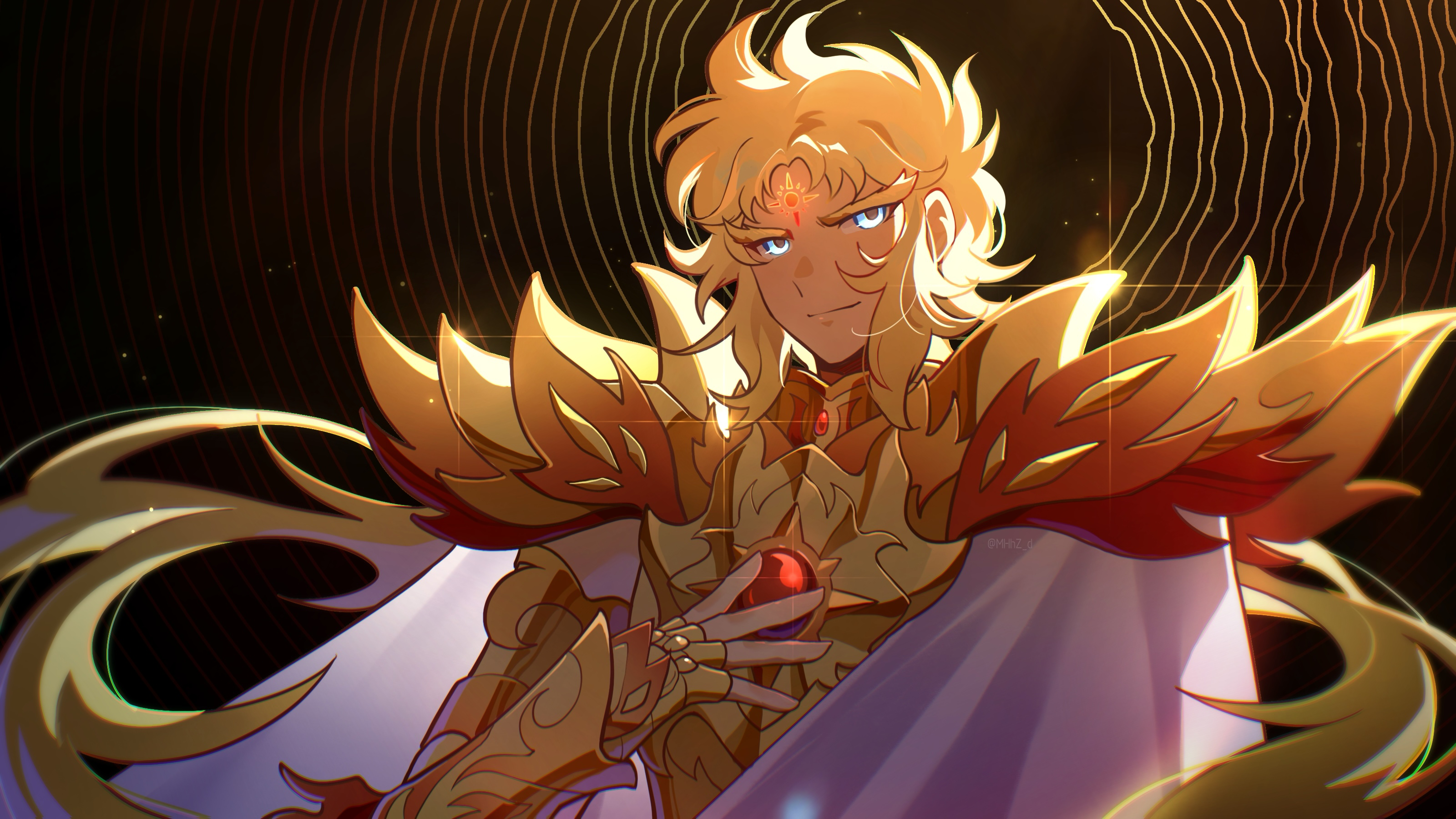 snowflake (diodarja), saint seiya, saint seiya: next dimension, absurdres, highres, 1boy, apollo (saint seiya: next dimension), armor, blonde hair, blue eyes, cape, closed mouth, fingerless gloves, gem, gloves, gold armor, hand up, long hair, looking at viewer, male focus, red gemstone, smile, solo, spiked pauldrons, upper body, very long hair, white cape