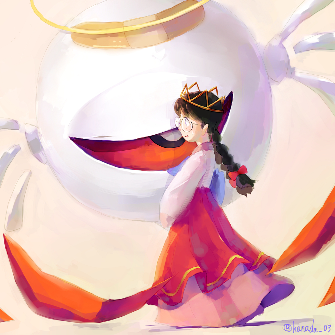 hanada (cobalt003), ripple star queen, zero two (kirby), kirby (series), kirby 64, nintendo, 1girl, artist name, bandaid, black hair, bow, freckles, glasses, hair bow, halo, long hair, long skirt, one-eyed, pink skirt, red bow, red eyes, skirt, sleeves past fingers, sleeves past wrists, sweatdrop