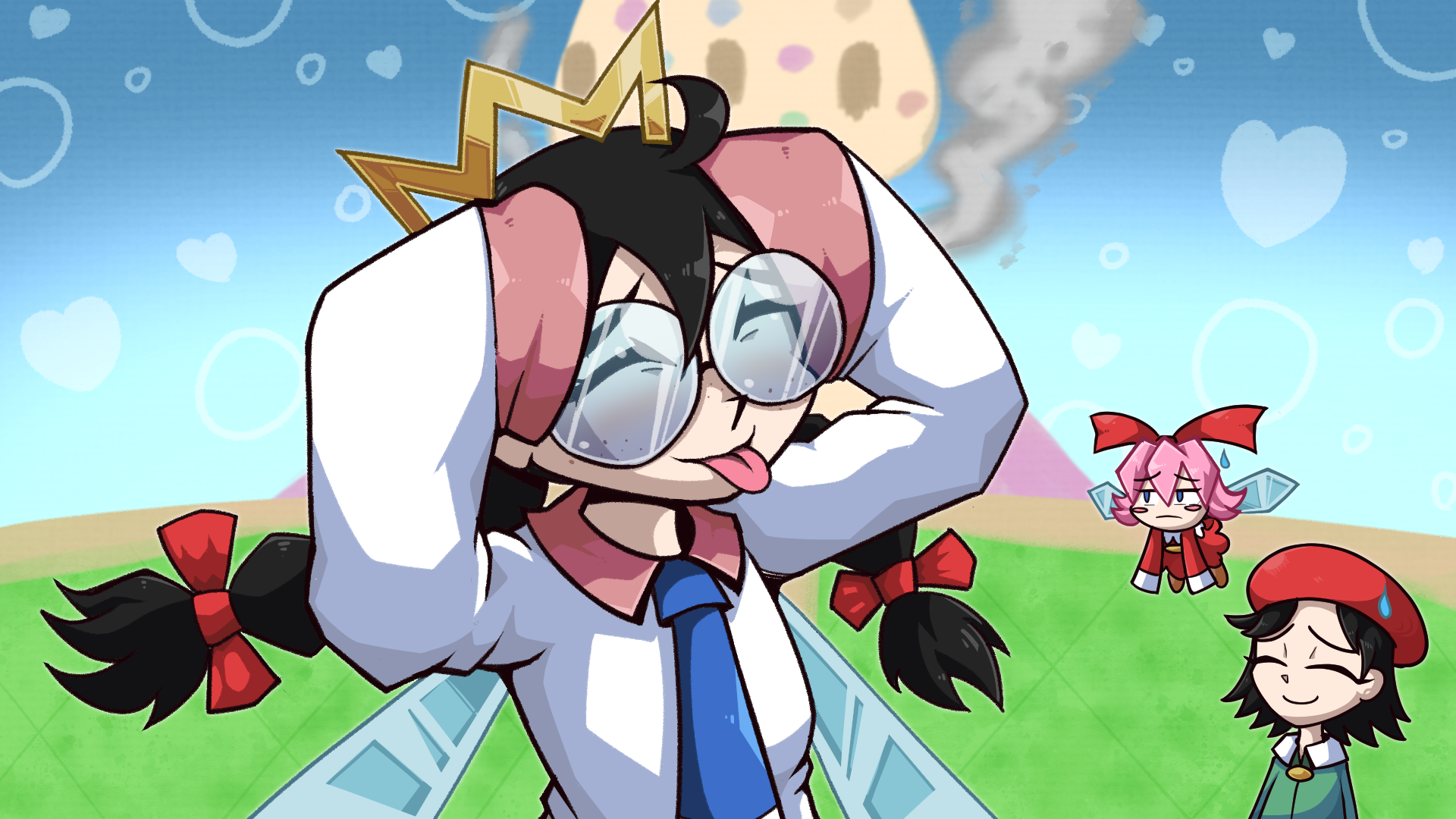 adeleine, ribbon (kirby), ripple star queen, kirby (series), kirby 64, nintendo, highres, 3girls, ah eto… bleh (meme), beret, black hair, braid, crown, fairy, fairy wings, freckles, glasses, hair ribbon, hat, heart, low twin braids, meme, multiple girls, pink hair, rayshadow, red hat, red ribbon, ribbon, sleeves past fingers, sleeves past wrists, smile, smoke, sweatdrop, twin braids, wings