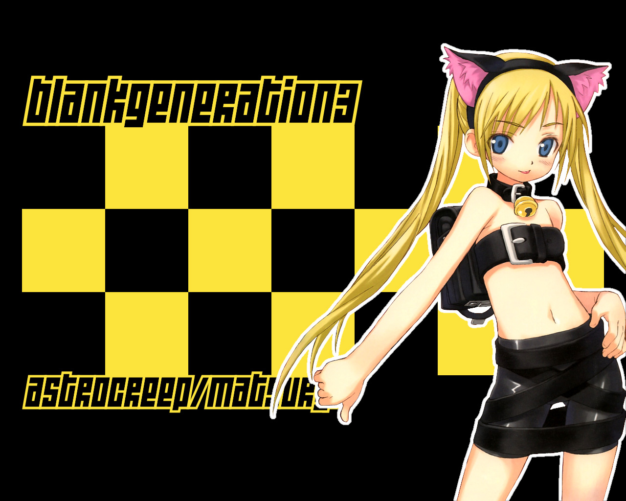 matsuryuu, bitter & sweet, setarau tetora, watashi no oniichan, 1girl, animal ears, backpack, bag, bell, belt, belt bra, belt skirt, bike shorts, blonde hair, blue eyes, cat ears, collar, fake animal ears, female focus, flat chest, long hair, neck bell, randoseru, solo, thumbs down, twintails