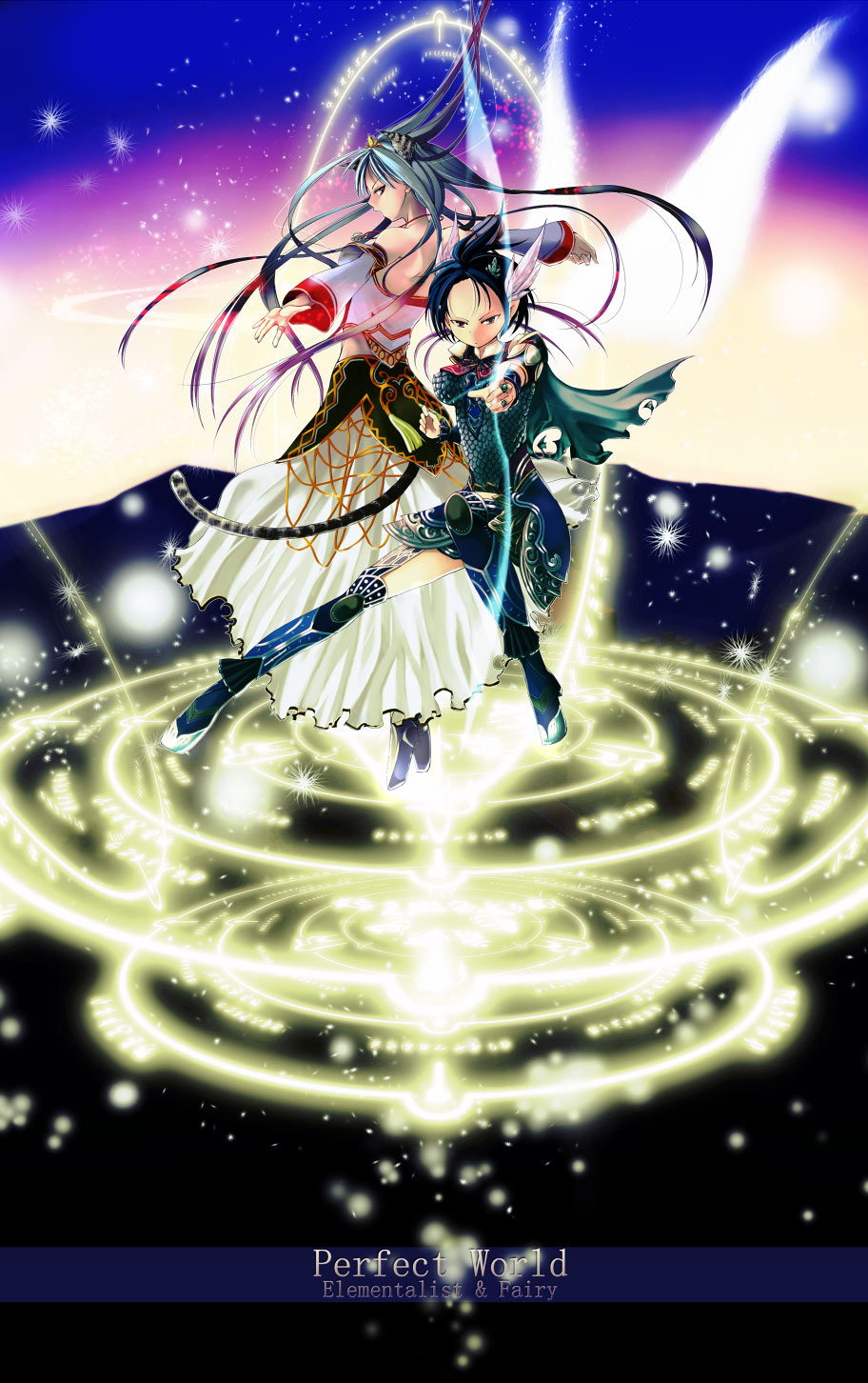 otogiri (lambda), archer (character), venomancer (character), perfect world, highres, 2girls, animal ears, archery, armor, artistic error, bare shoulders, bow (weapon), cat ears, cat tail, magic, magic circle, multiple girls, off shoulder, tail, weapon, wings