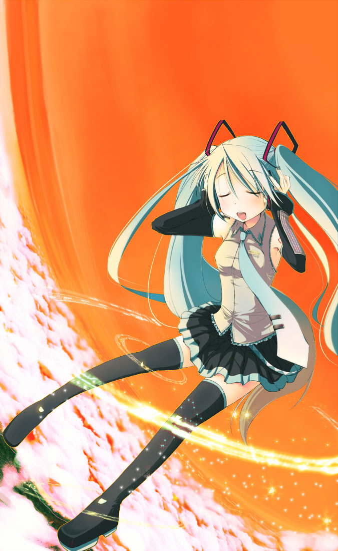 otogiri (lambda), hatsune miku, vocaloid, closed eyes, cloud, detached sleeves, green eyes, green hair, headphones, long hair, necktie, skirt, sky, solo, thighhighs, twintails, zettai ryouiki