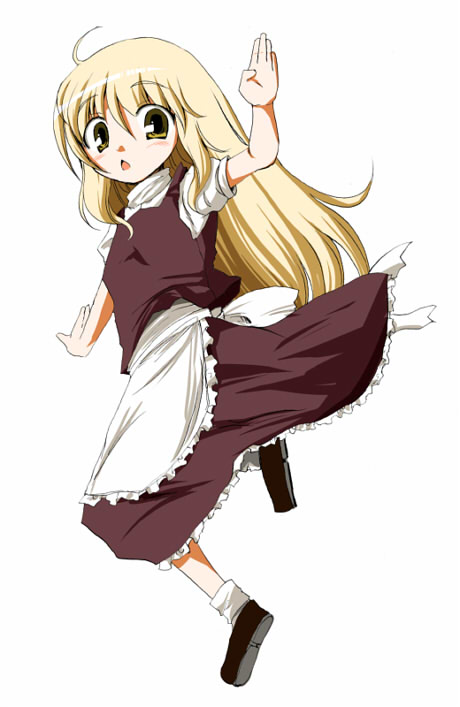 harunatsu akito, kirisame marisa, touhou, white legwear, 1girl, :o, ahoge, apron, black dress, blonde hair, blush, brown dress, brown eyes, brown shoes, dress, female focus, fighting stance, frills, full body, jumping, long hair, looking at viewer, open hands, open mouth, puffy short sleeves, puffy sleeves, shoes, short sleeves, simple background, solo, very long hair, waist apron, white background, yellow eyes