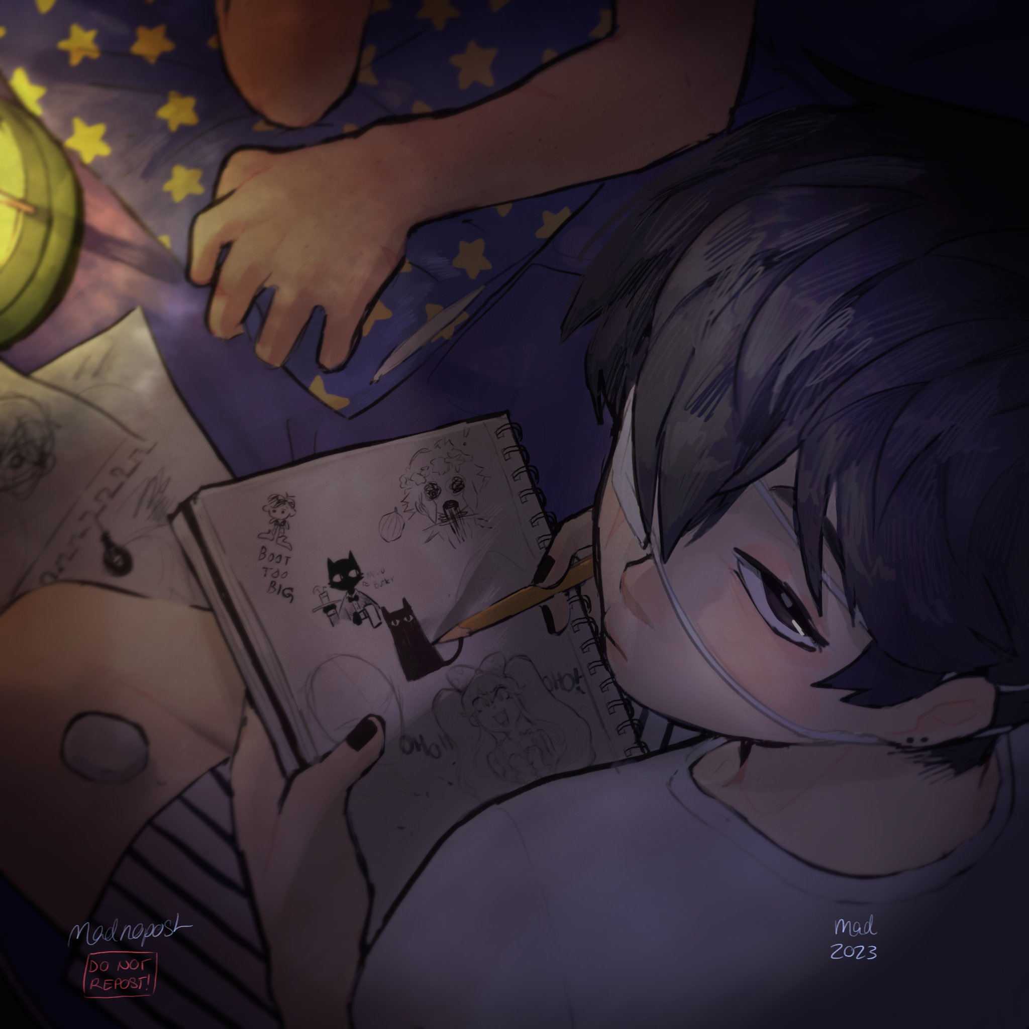 madnopost, basil (faraway) (omori), basil (omori), sunny (omori), omori, highres, spoilers, 2023, 2boys, artist name, black eyes, black hair, black nails, closed eyes, ear piercing, english text, eyepatch, holding, holding pencil, holding sketchbook, looking at viewer, male focus, multiple boys, paper, pencil, piercing, scar, scar on hand, shirt, short sleeves, shorts, sketchbook, striped clothes, striped shorts, t-shirt, vertical-striped clothes, vertical-striped shorts, white shirt, white shorts