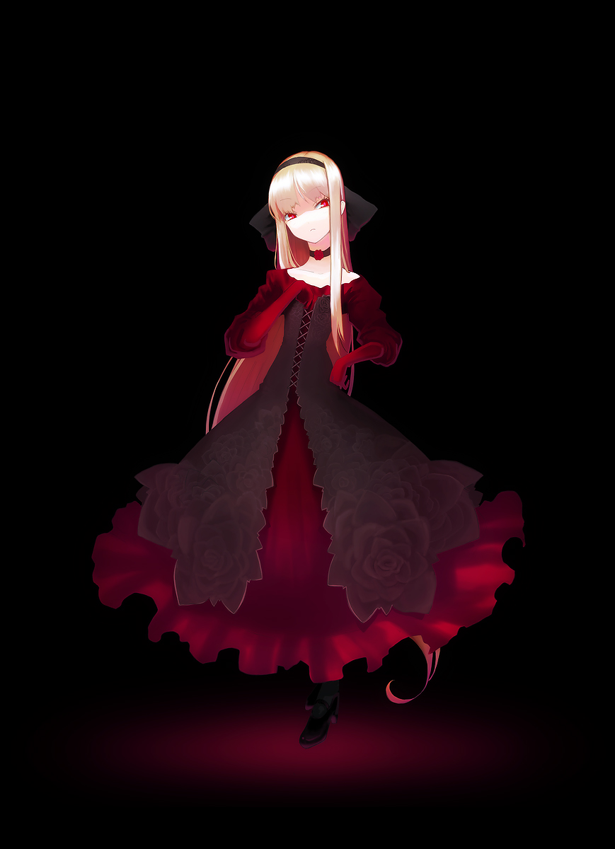ghoul (artist), sodeya itsuki, original, bad id, bad pixiv id, highres, 1girl, blonde hair, choker, dark, dress, female focus, hairband, long hair, red eyes, solo