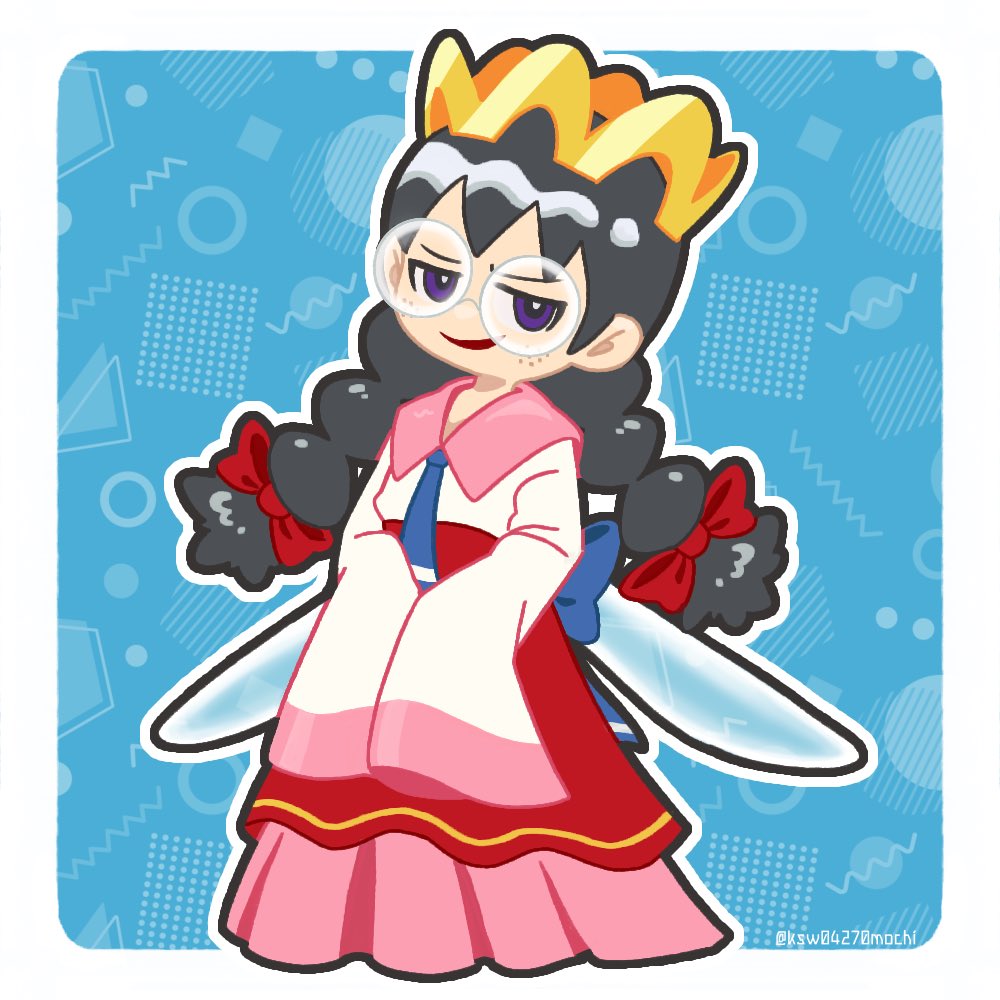 kashiwa (ksw04270mochi), ripple star queen, kirby (series), kirby 64, nintendo, 1girl, artist name, black hair, bow, braid, crown, fairy, fairy wings, freckles, glasses, hair bow, long hair, long skirt, looking at viewer, low twin braids, pink skirt, purple eyes, red bow, skirt, sleeves past fingers, sleeves past wrists, smile, twin braids, wings