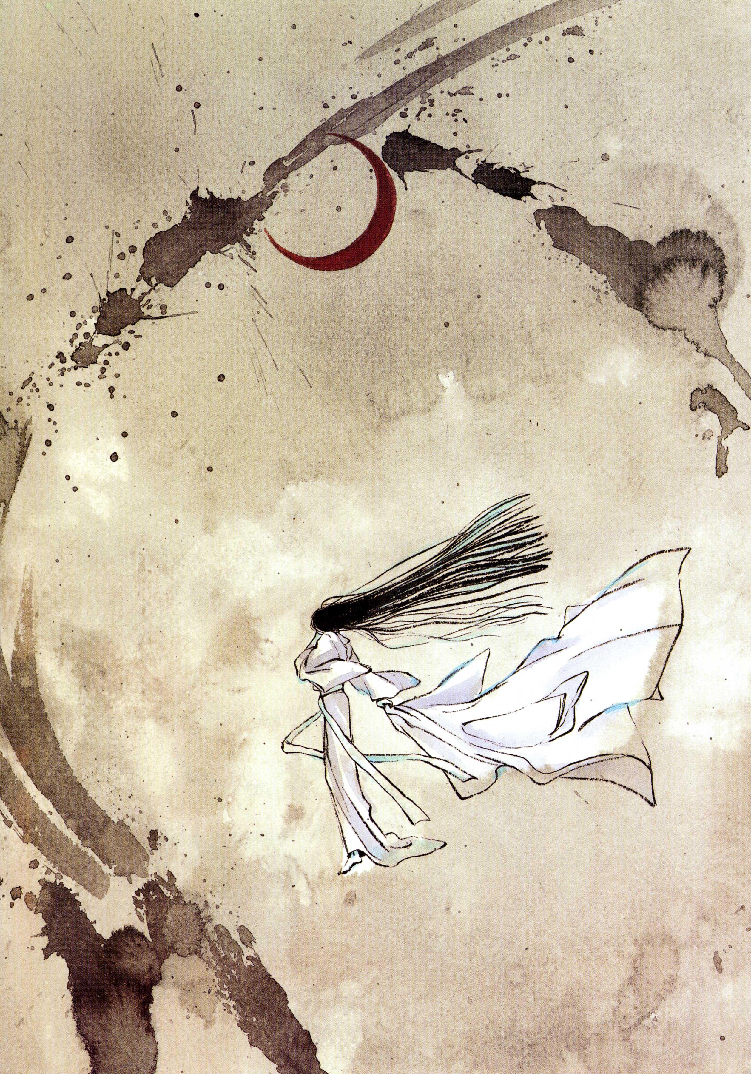 clamp, shirahime sho, absurdres, highres, official art, 1girl, black hair, crescent moon, female focus, japanese clothes, kimono, lipstick, long hair, makeup, moon, princess, red moon, sash, shirahime, snow, solo, very long hair, white kimono, white theme, wind, yuki onna