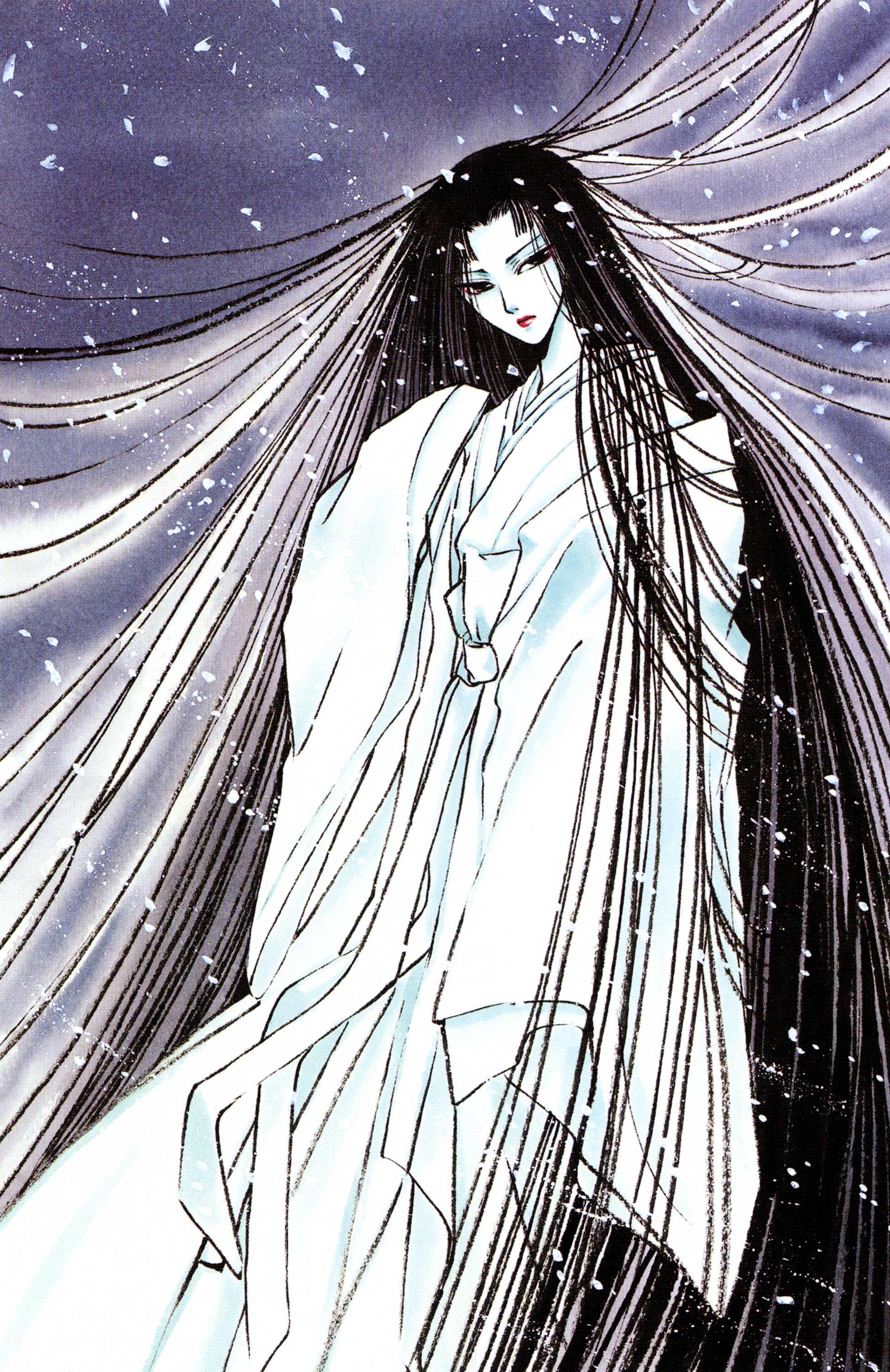 clamp, shirahime sho, absurdres, highres, official art, 1girl, absurdly long hair, black hair, colored skin, dress, female focus, gown, japanese clothes, kimono, lipstick, long hair, looking at viewer, makeup, princess, shirahime, snow, solo, very long hair, white kimono, white skin, white theme, yuki onna