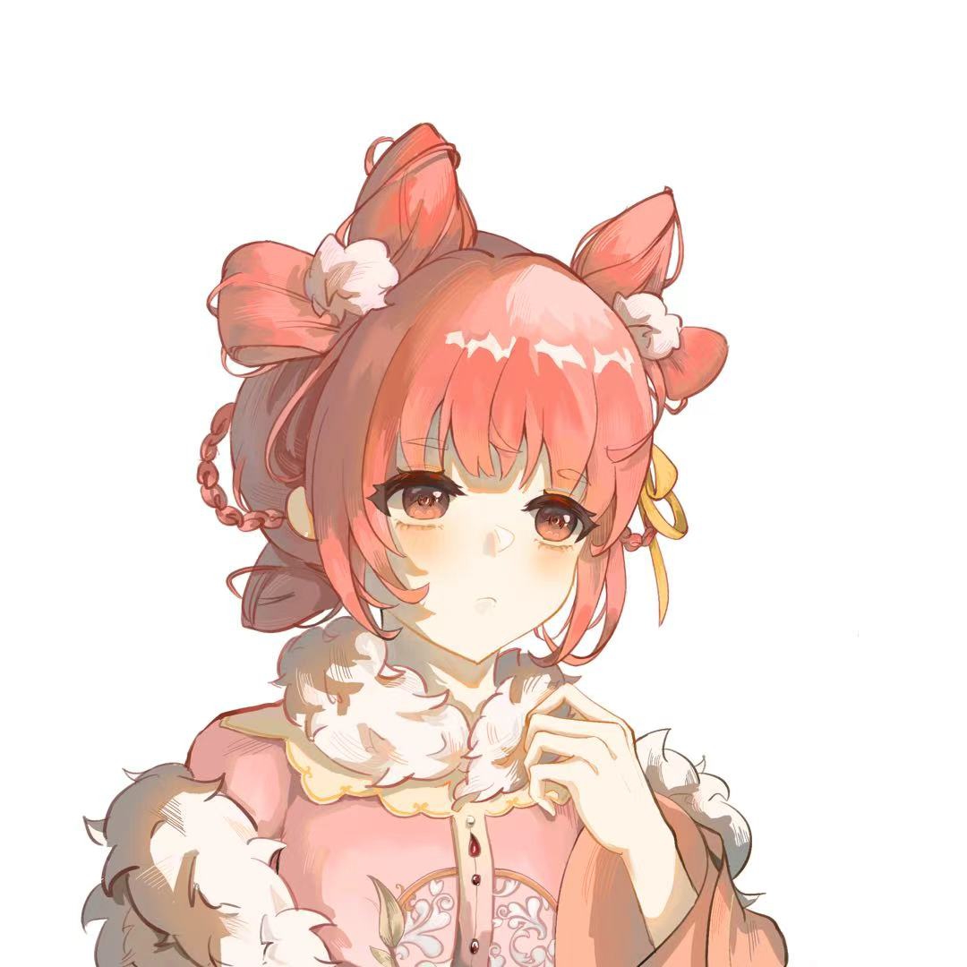 nikki (nikki), infinity nikki, nikki (series), 1girl, bow-shaped hair, braid, braided hair rings, brown eyes, buttons, chinese clothes, double bun, eyelashes, eyes visible through hair, floral print, fur scarf, gossamer moonfairy (infinity nikki), hair bun, hair ornament, hair ribbon, hair rings, hand on own chest, hanfu, heluo (xinjinjumin430310805020), light blush, long sleeves, looking at viewer, parted lips, pink hair, pink hanfu, pom pom (clothes), pom pom hair ornament, ribbon, scarf, short hair, simple background, solo, updo, upper body, white background, white scarf, wide sleeves, yellow ribbon